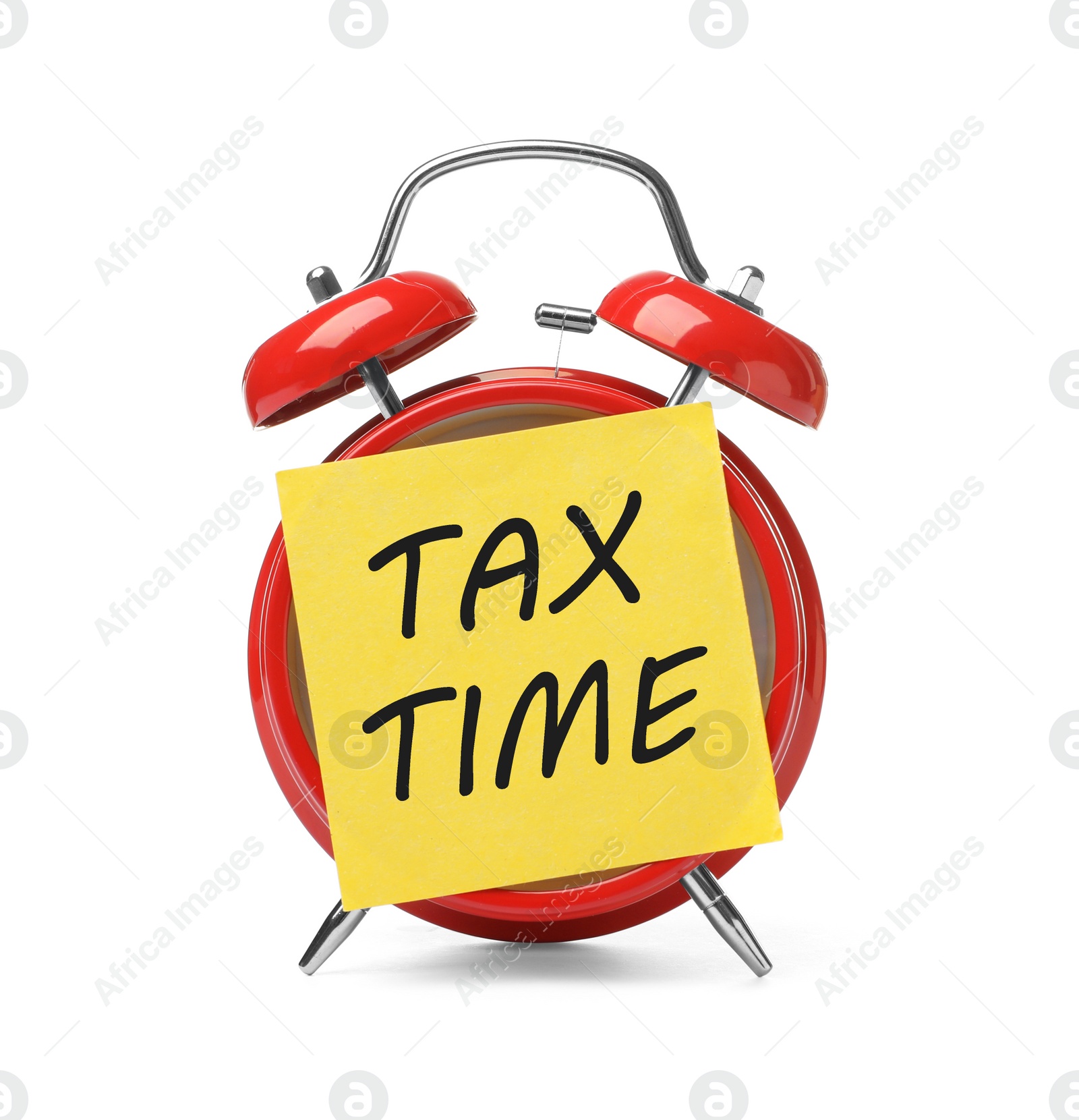 Image of Time to pay taxes. Alarm clock with sticky note on white background