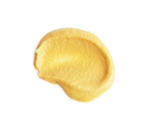 Photo of Smear of delicious mustard isolated on white, top view