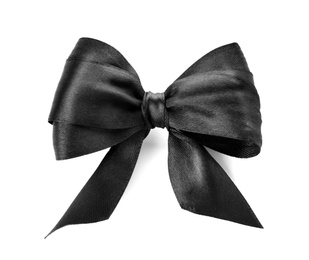 Photo of Black ribbon on white background, top view. Funeral symbol