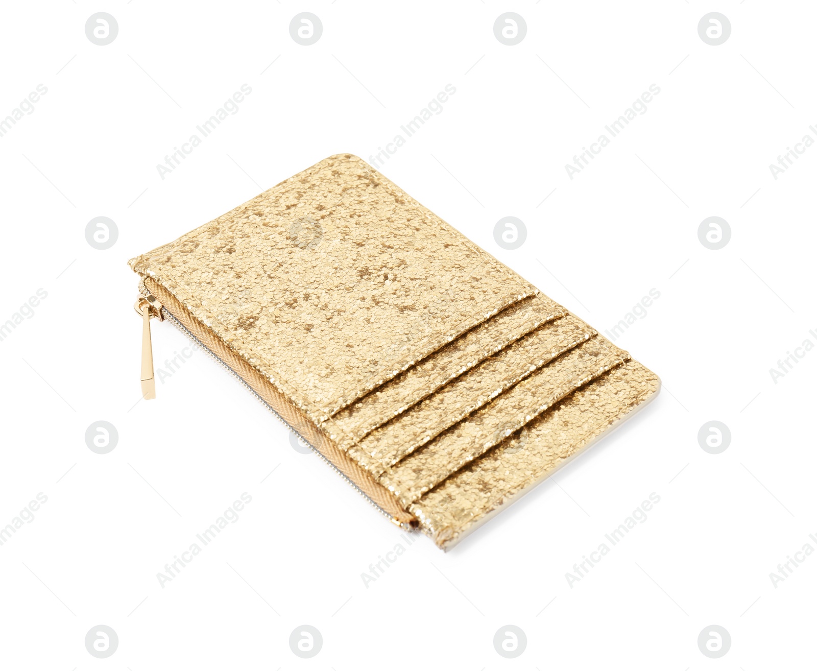 Photo of Stylish gold wallet with sequins on white background