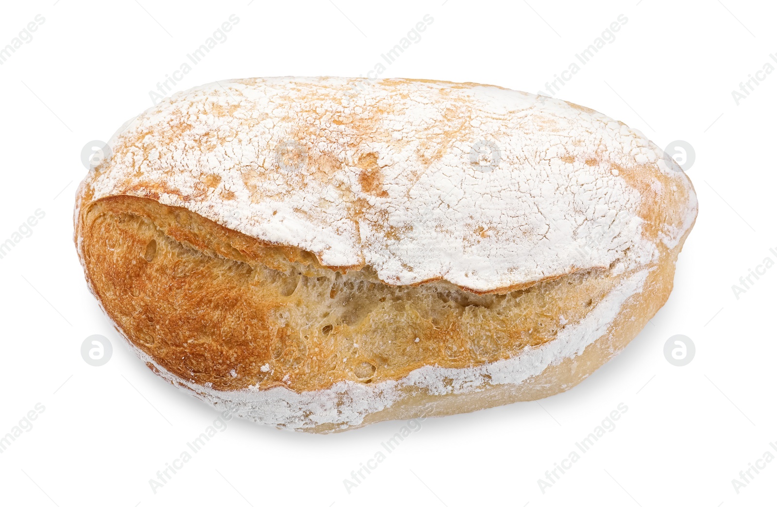 Photo of Freshly baked sourdough bread isolated on white, top view