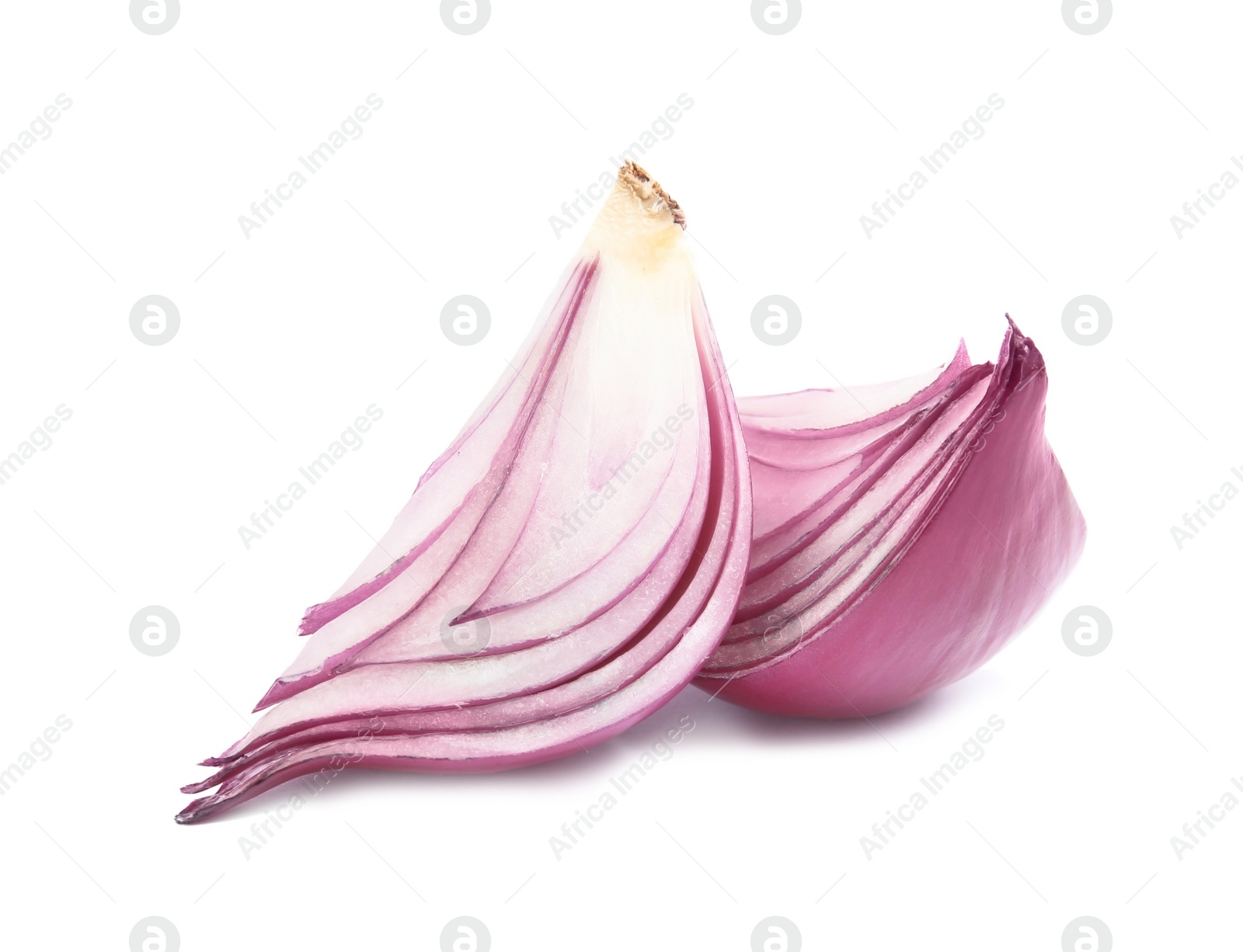 Photo of Fresh slices of red onion on white background