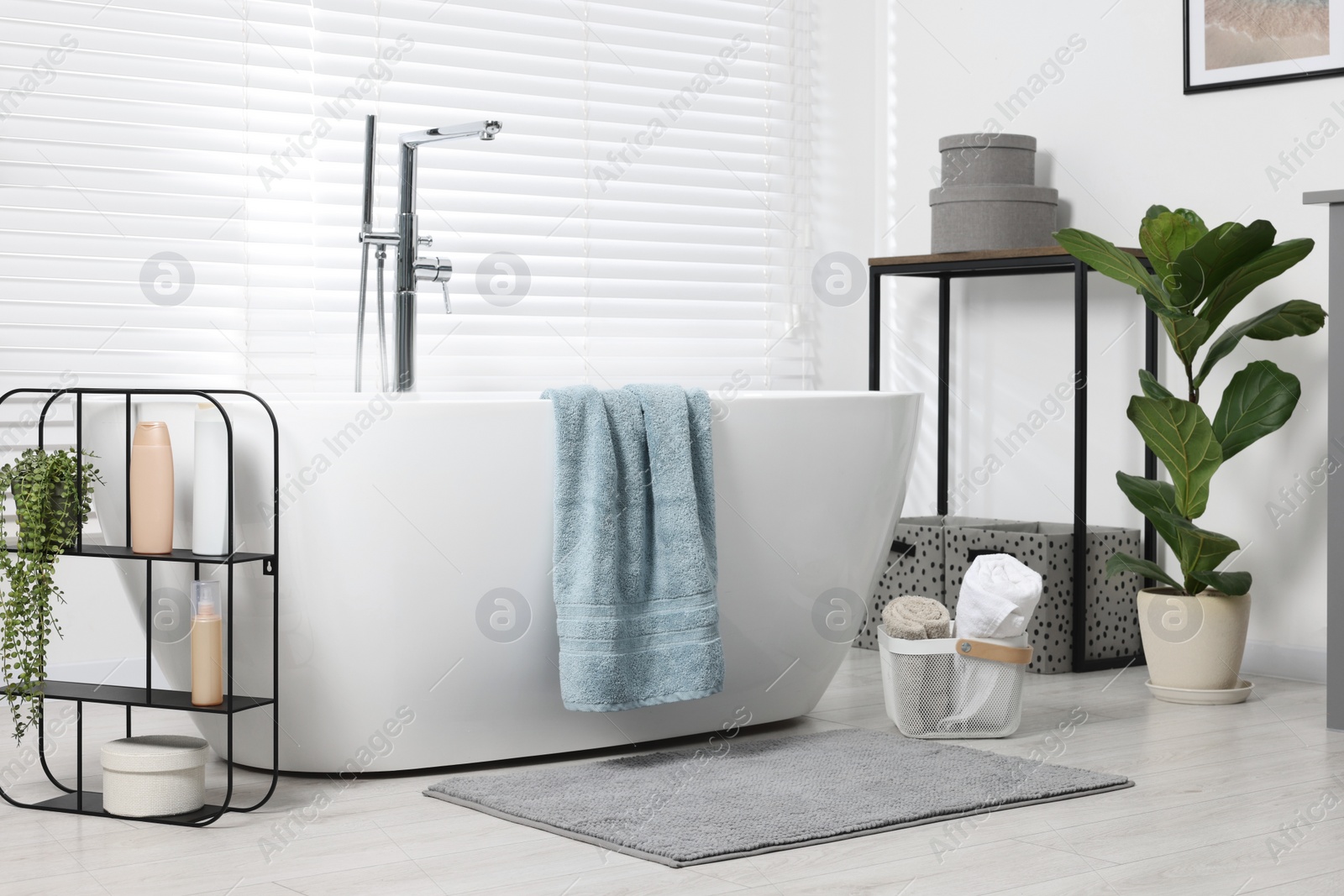 Photo of Stylish bathroom interior with bath tub, houseplants and soft light grey mat