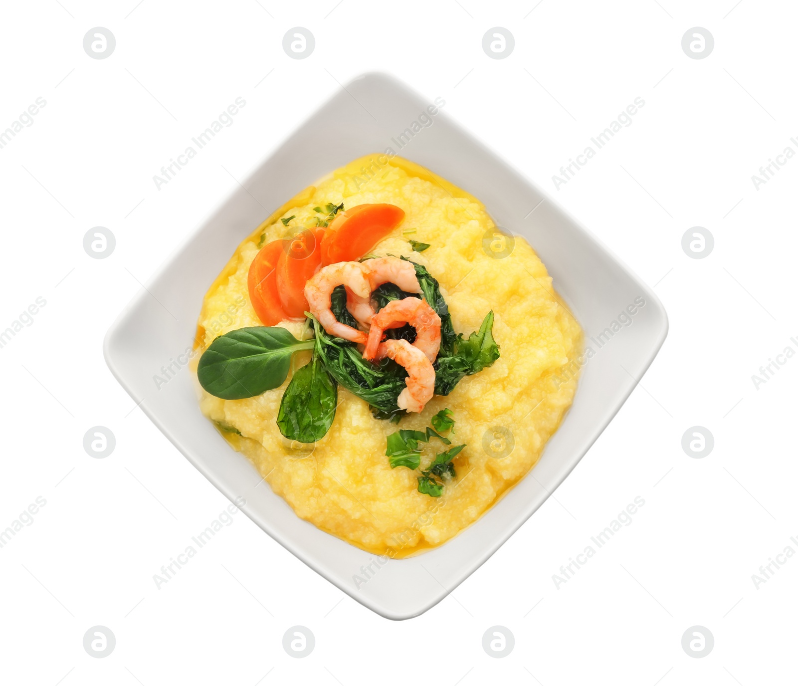 Photo of Plate with fresh tasty shrimp and grits on white background