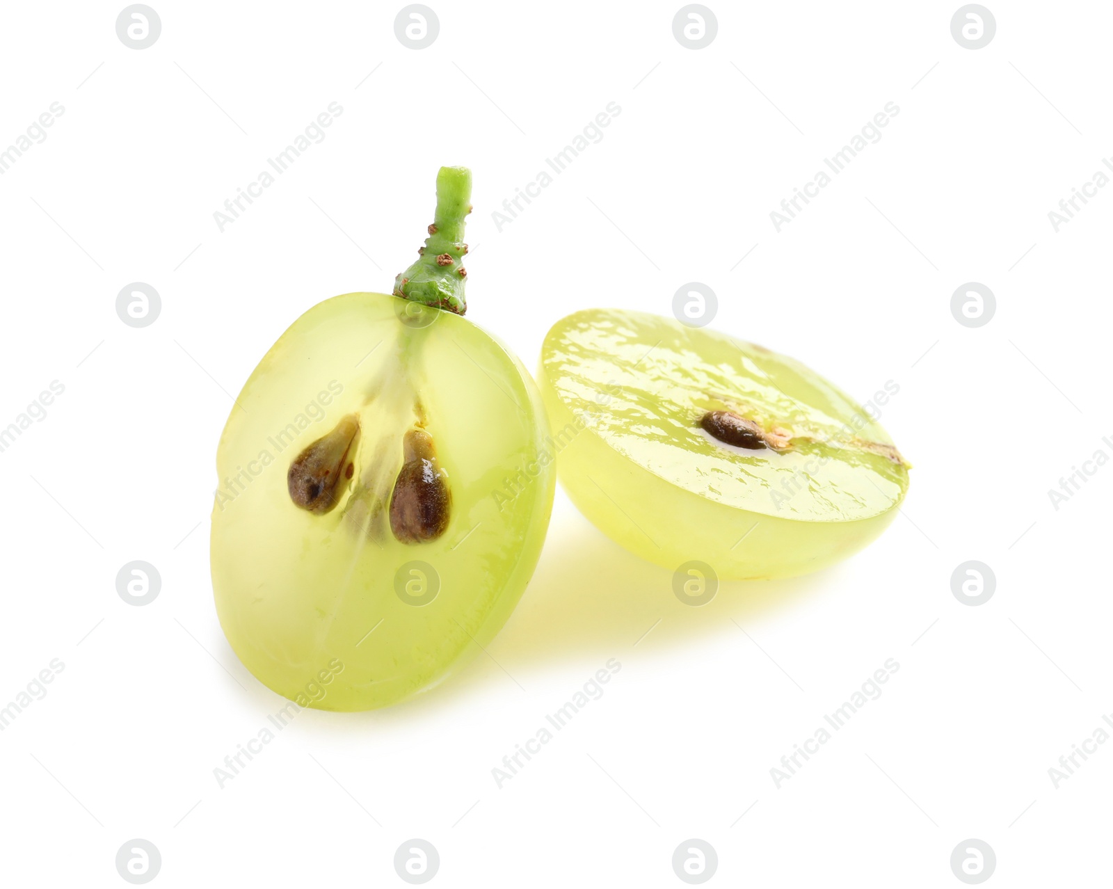 Photo of Cut fresh ripe juicy grape with seeds on white background