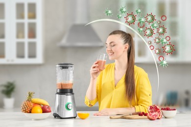 Image of Happy woman with immunity boosting cocktail in kitchen. Protection against viruses