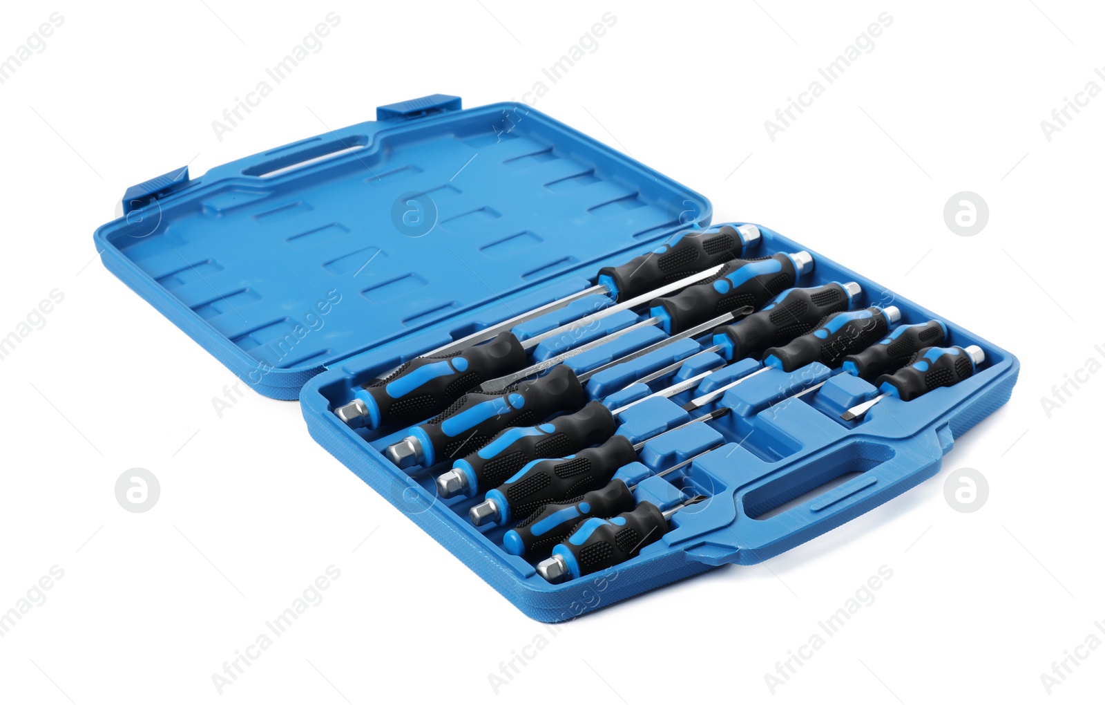 Photo of Set of screwdrivers in open toolbox isolated on white