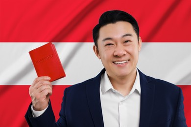 Image of Immigration. Happy man with passport against national flag of Austria