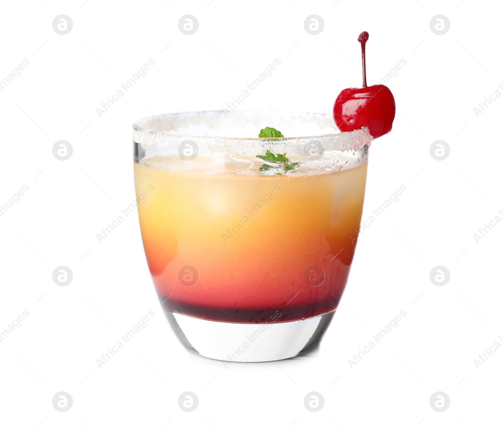 Photo of Fresh alcoholic Tequila Sunrise cocktail isolated on white