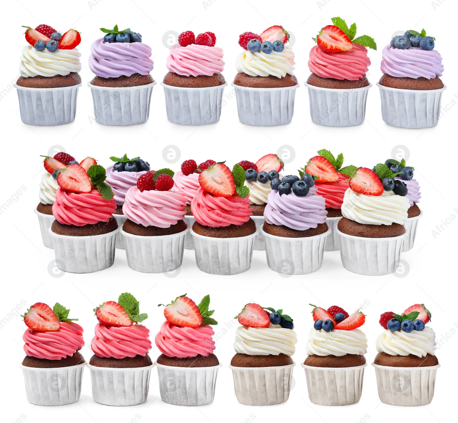 Image of Set with delicious cupcakes on white background