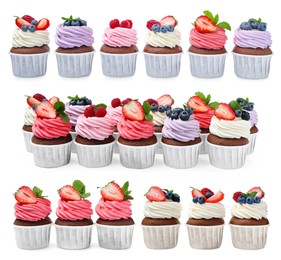 Set with delicious cupcakes on white background