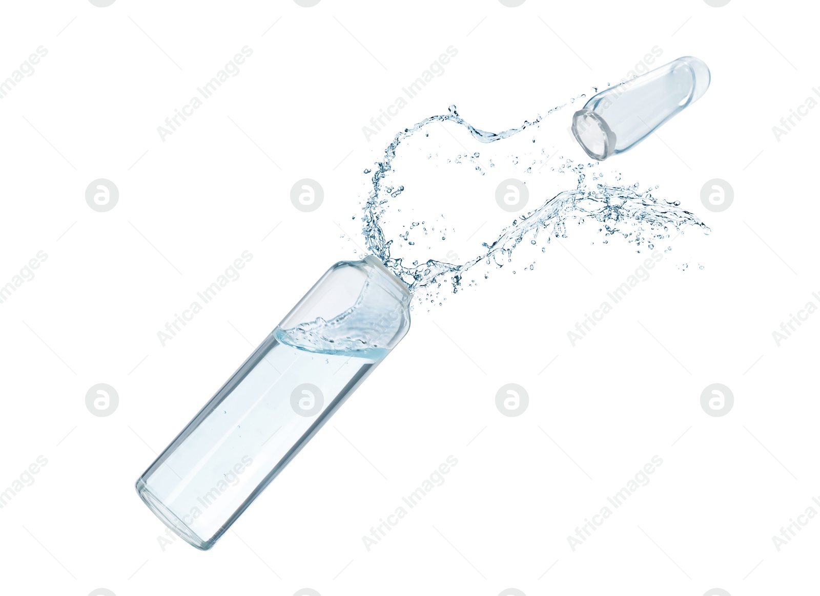 Image of Open glass ampoule with pharmaceutical product on white background