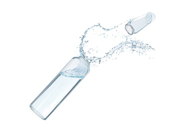 Image of Open glass ampoule with pharmaceutical product on white background