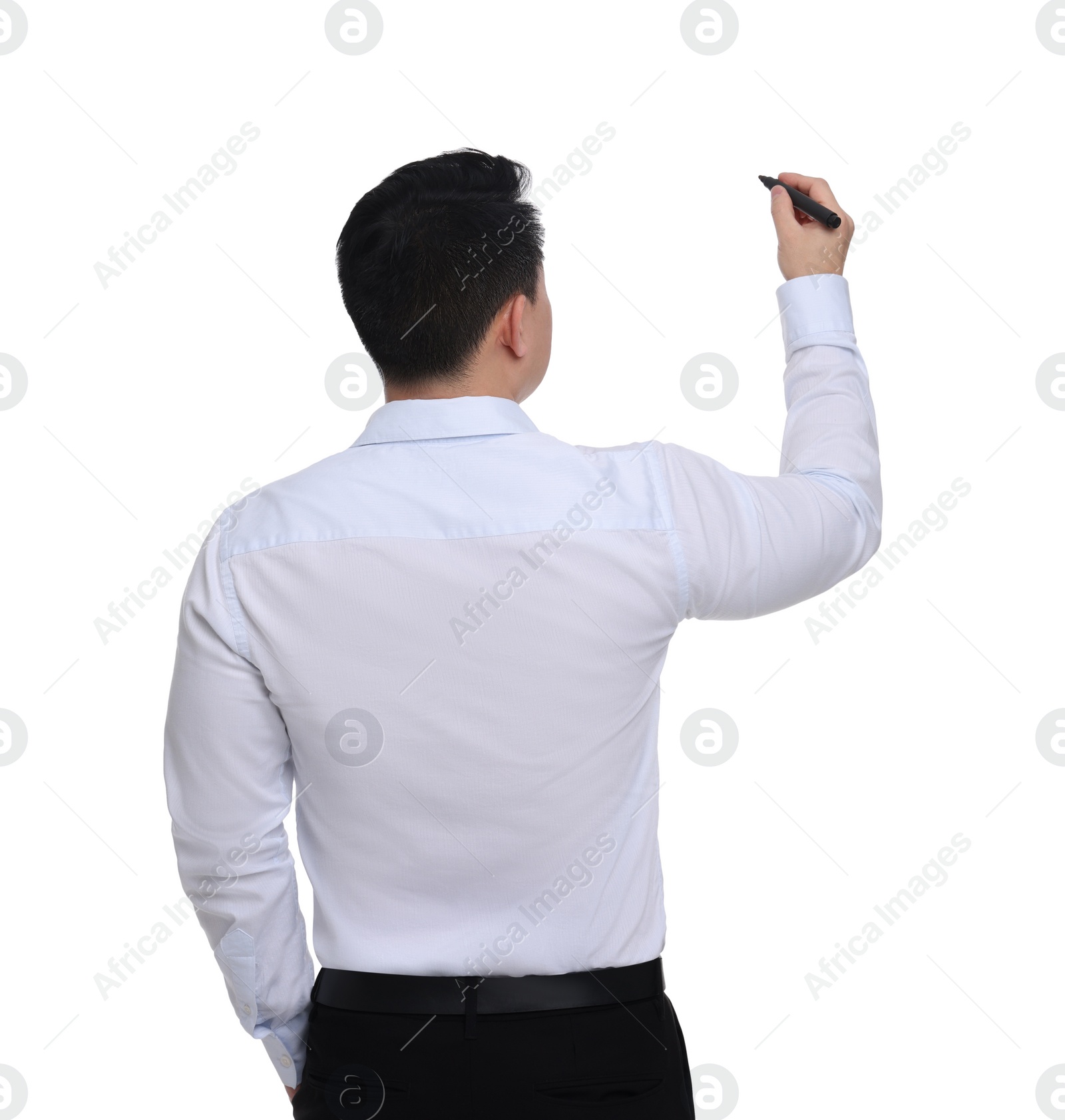 Photo of Businessman in formal clothes with marker writing on white background, back view