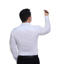 Businessman in formal clothes with marker writing on white background, back view