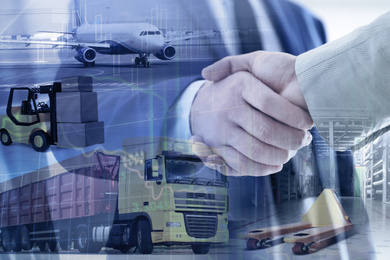 Multiple exposure of business partners shaking hands and different transports. Logistics