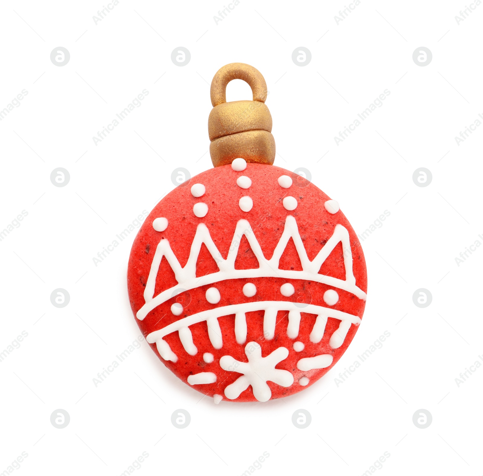 Photo of Beautifully decorated Christmas macaron isolated on white, top view