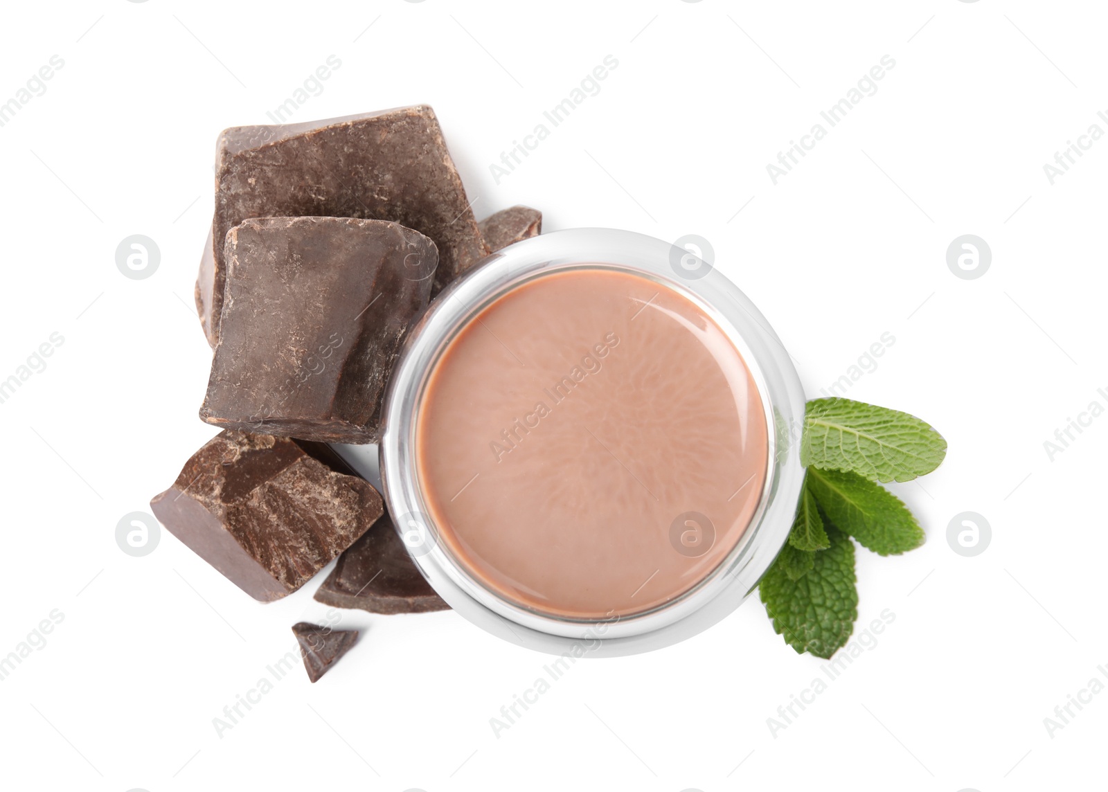 Photo of Glass of delicious hot chocolate, chunks and fresh mint on white background, top view