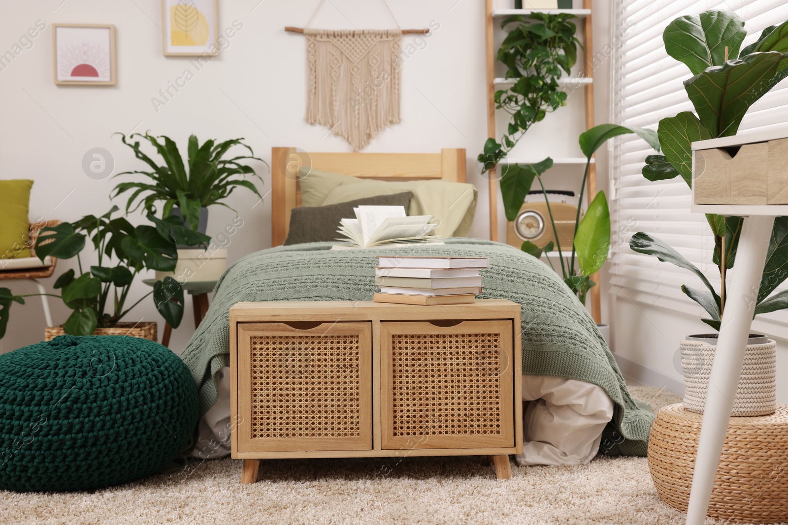 Photo of Large comfortable bed and potted houseplants in stylish bedroom. Interior design