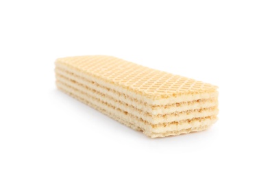 Photo of Delicious crispy wafer on white background. Sweet food