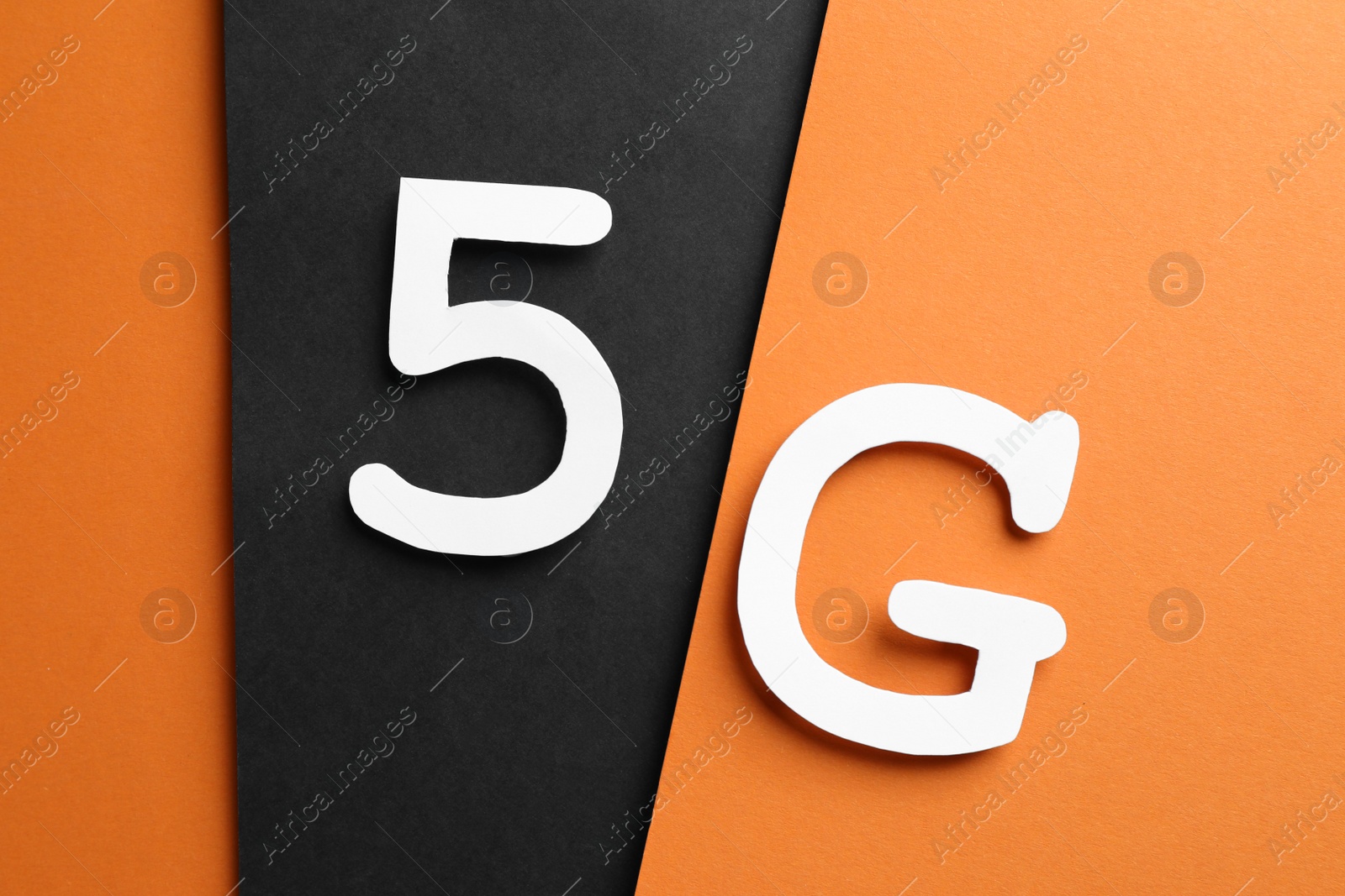 Photo of Internet concept. 5G on color background, flat lay