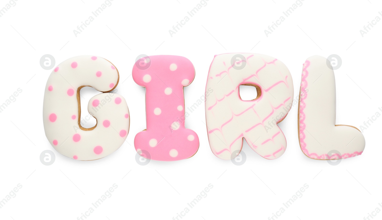 Photo of Word GIRL made of tasty cookies on white background, top view. Baby shower party