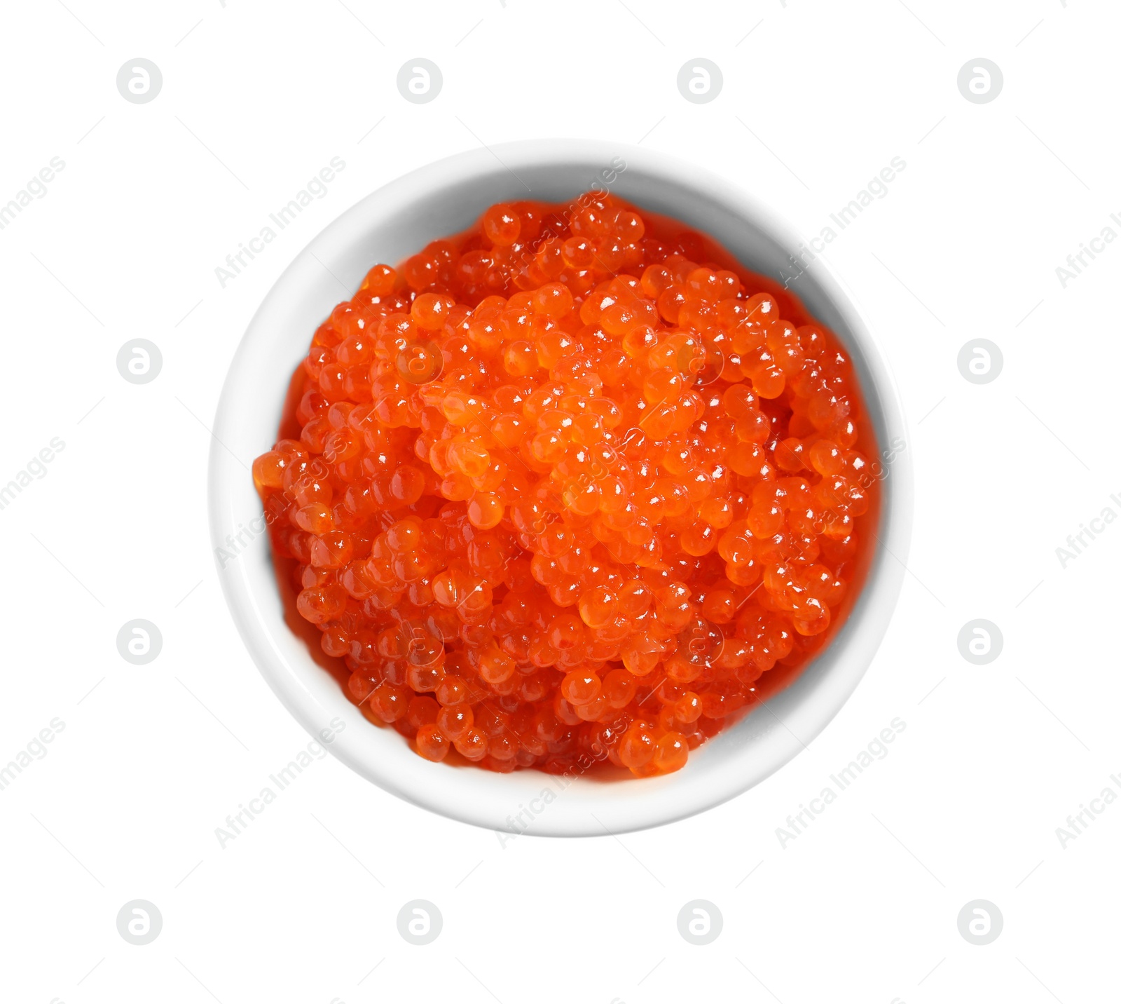 Photo of Bowl with delicious red caviar on white background