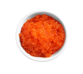 Bowl with delicious red caviar on white background