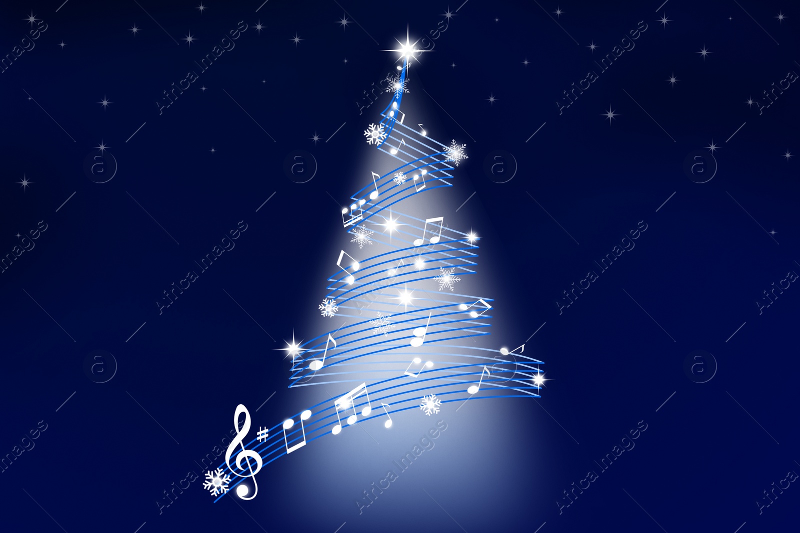 Illustration of Christmas tree shape made of music notes and snowflakes on blue background. Illustration design