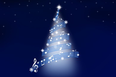 Illustration of Christmas tree shape made of music notes and snowflakes on blue background. Illustration design