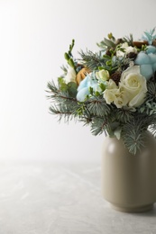 Photo of Beautiful wedding winter bouquet on grey table