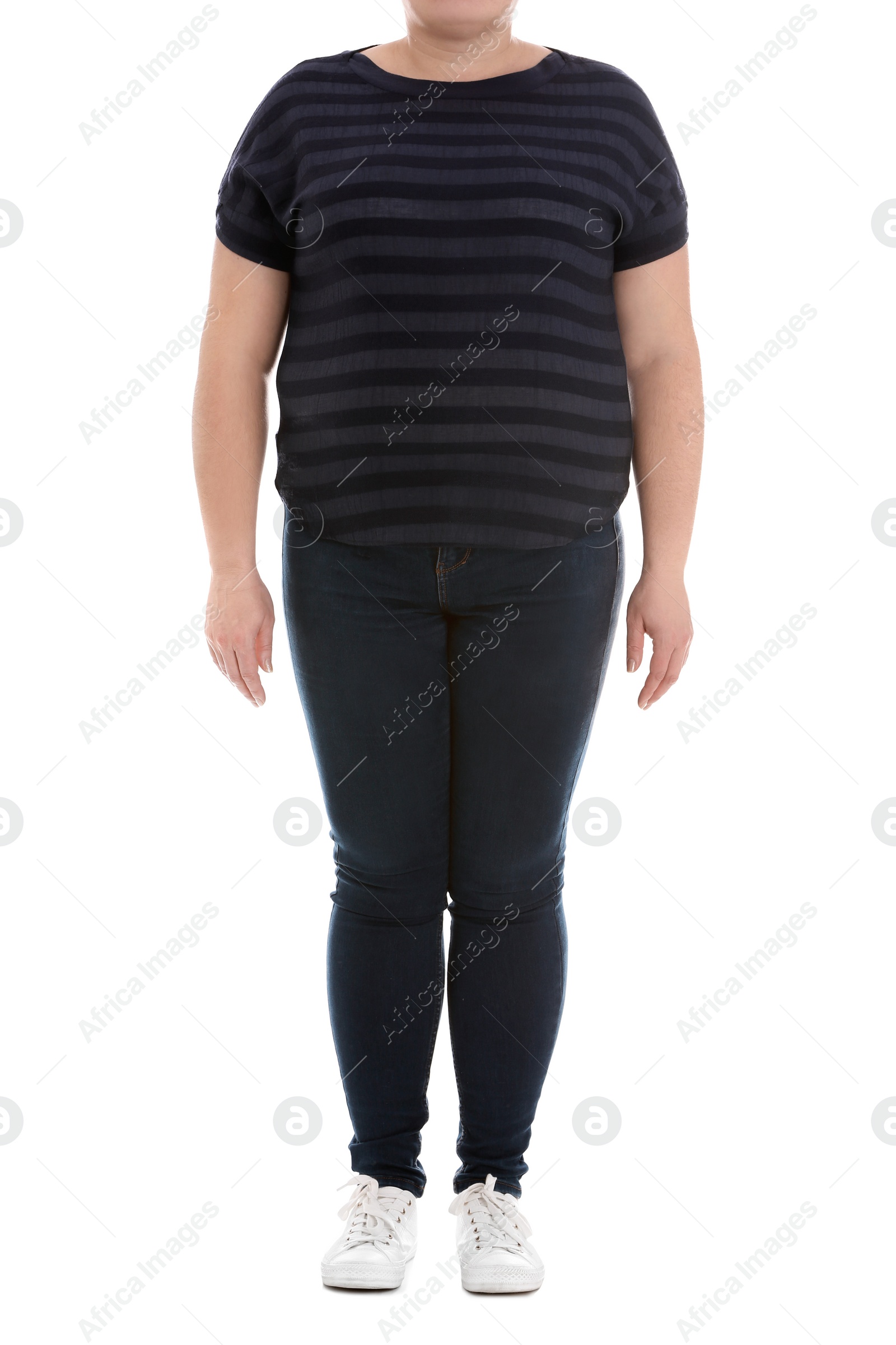 Photo of Overweight woman on white background, closeup. Weight loss