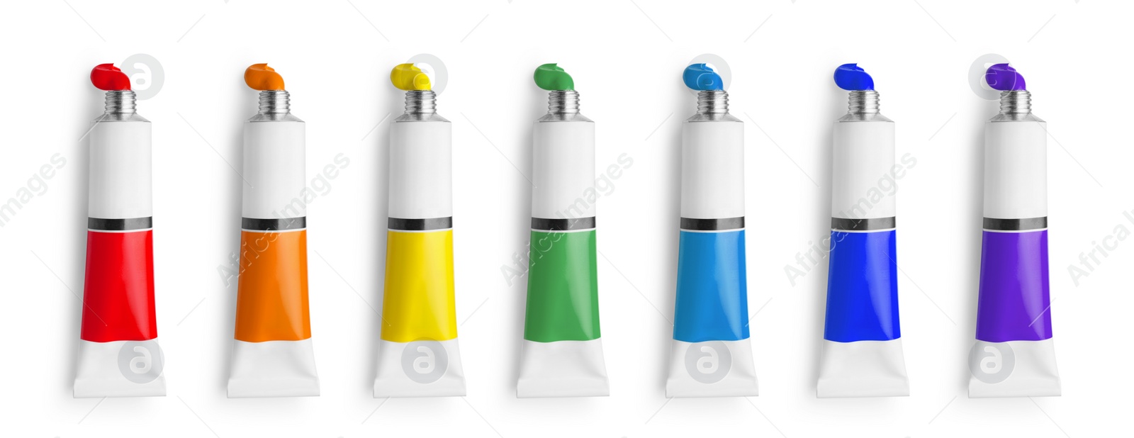 Image of Set of tubes with colorful oil paints on white background, top view