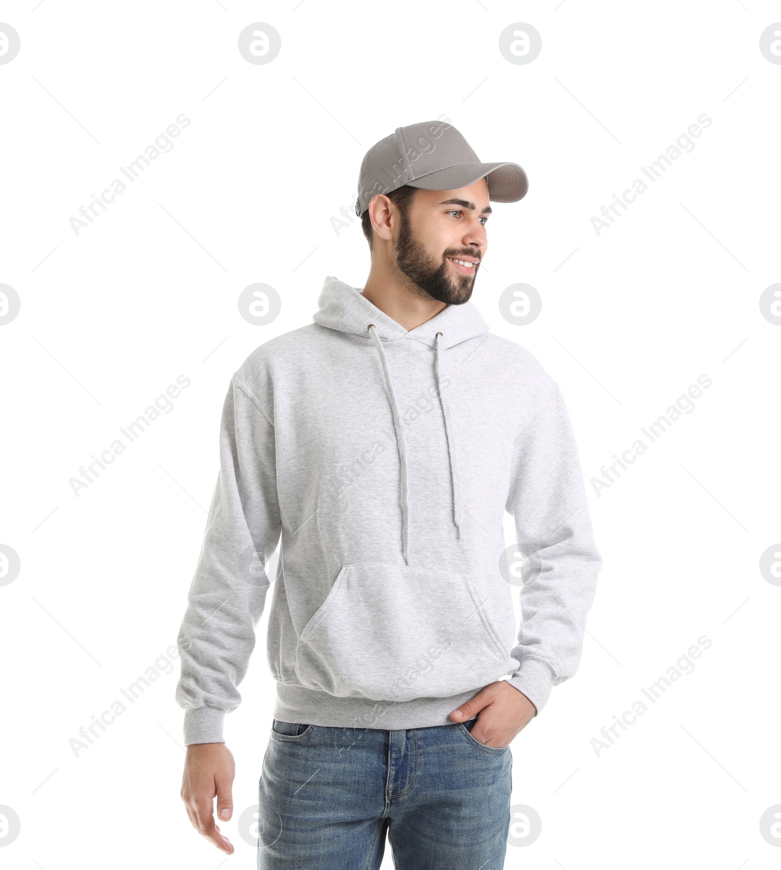Photo of Portrait of young man in sweater isolated on white. Mock up for design