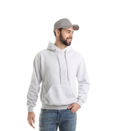 Photo of Portrait of young man in sweater isolated on white. Mock up for design