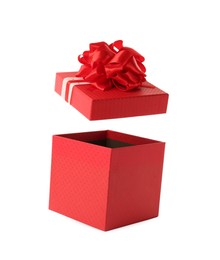 Red gift box and lid with bow on white background