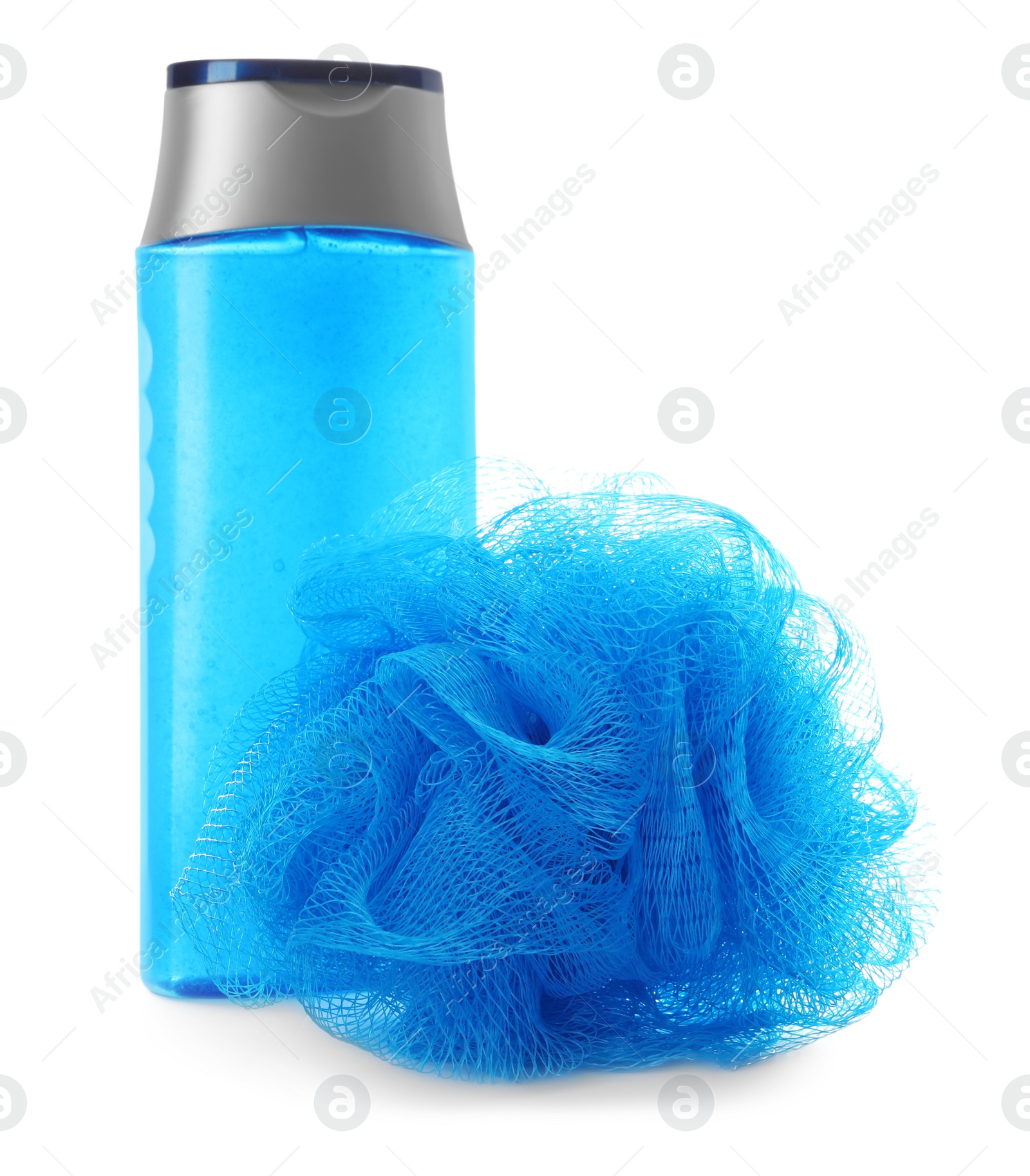 Photo of Personal hygiene product and shower puff on white background