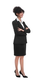 Beautiful young businesswoman in suit on white background