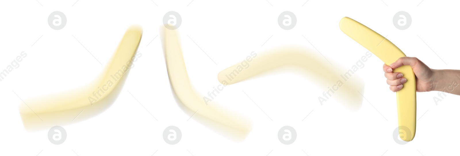 Image of Woman throwing yellow boomerang on white background, closeup. Banner design