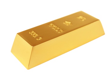 Precious shiny gold bar on white background