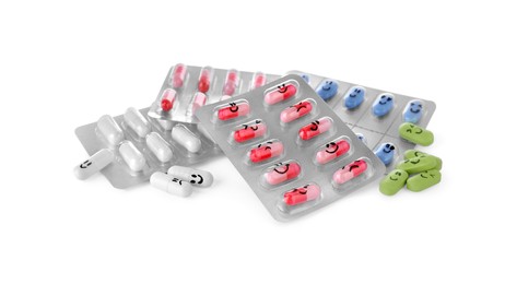 Photo of Blisters of different antidepressants with emoticons on white background