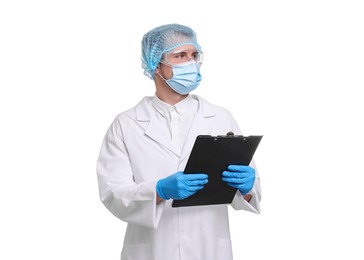 Photo of Quality control. Food inspector with clipboard on white background