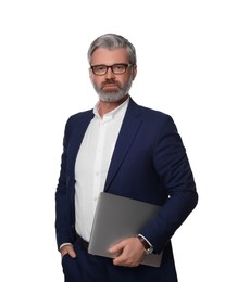 Photo of Portrait of serious man in glasses with laptop on white background. Lawyer, businessman, accountant or manager