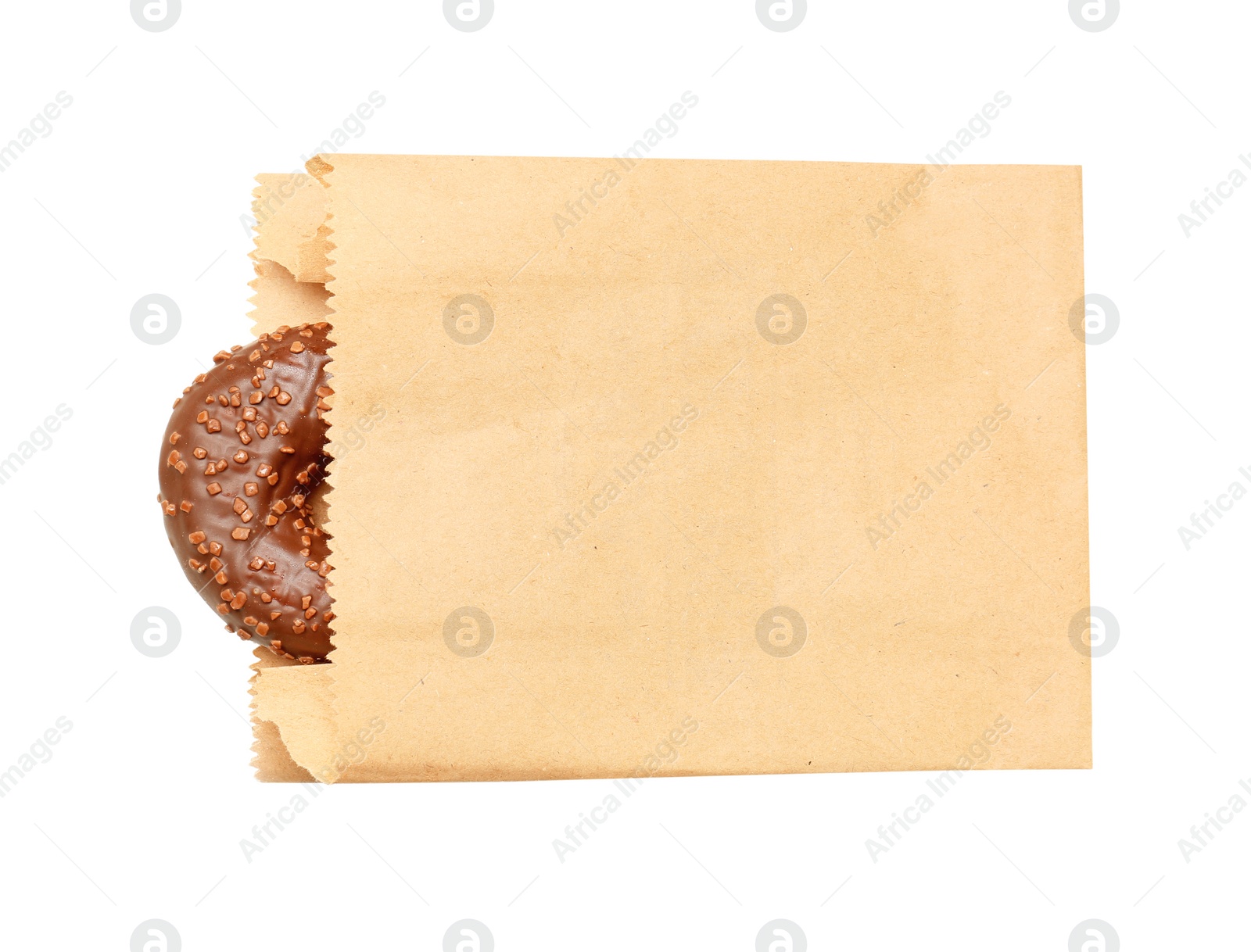 Photo of Paper bag with donut on white background, top view. Space for design