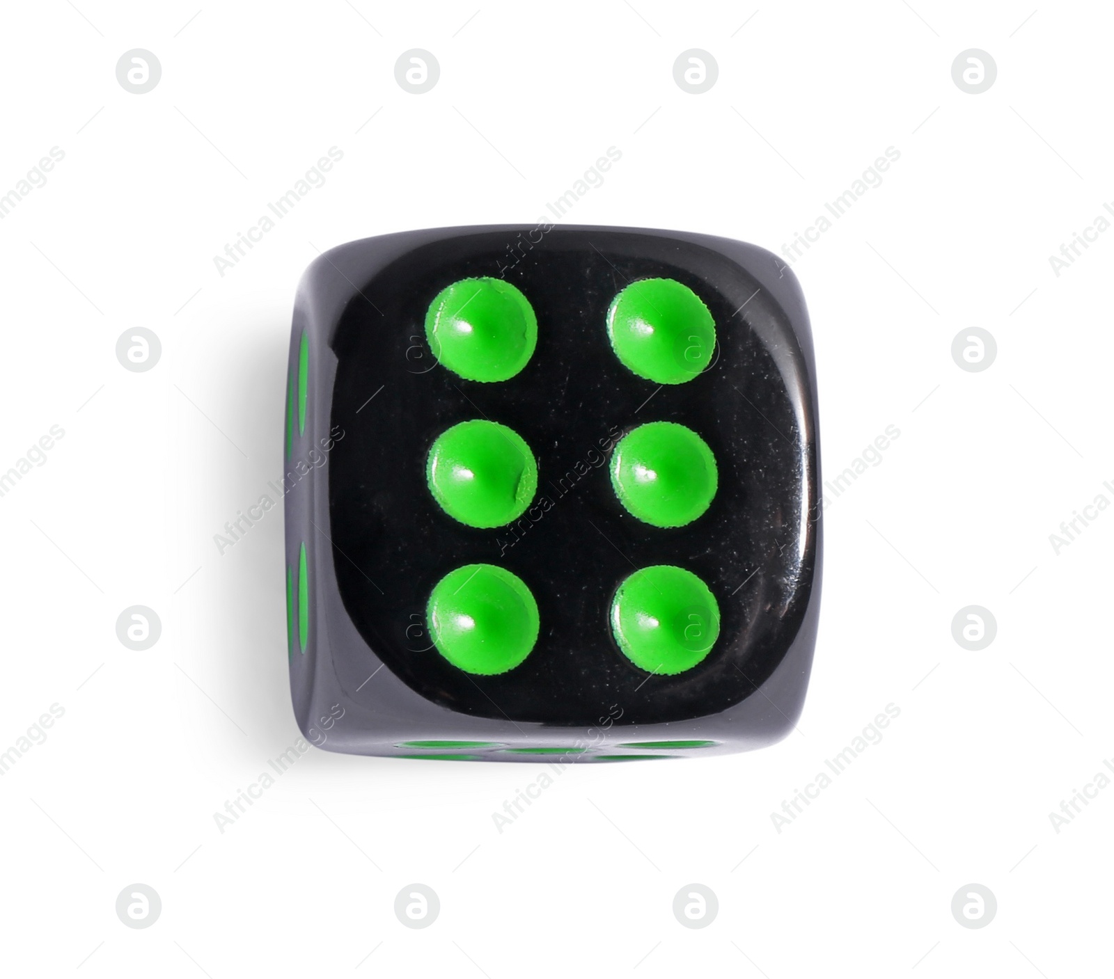 Photo of One black game dice isolated on white, top view