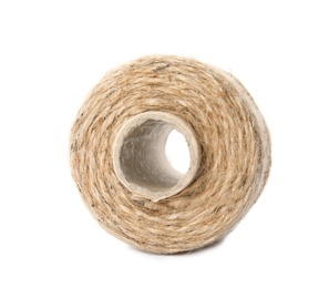 Photo of Spool of hemp rope on white background