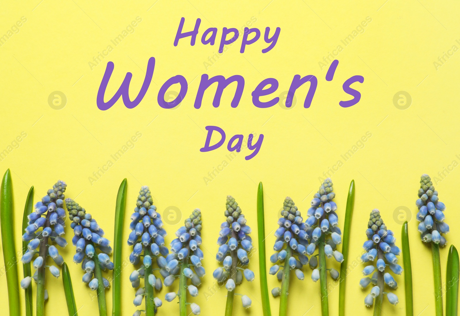 Image of Spring flowers on yellow background, flat lay. Happy Women's Day