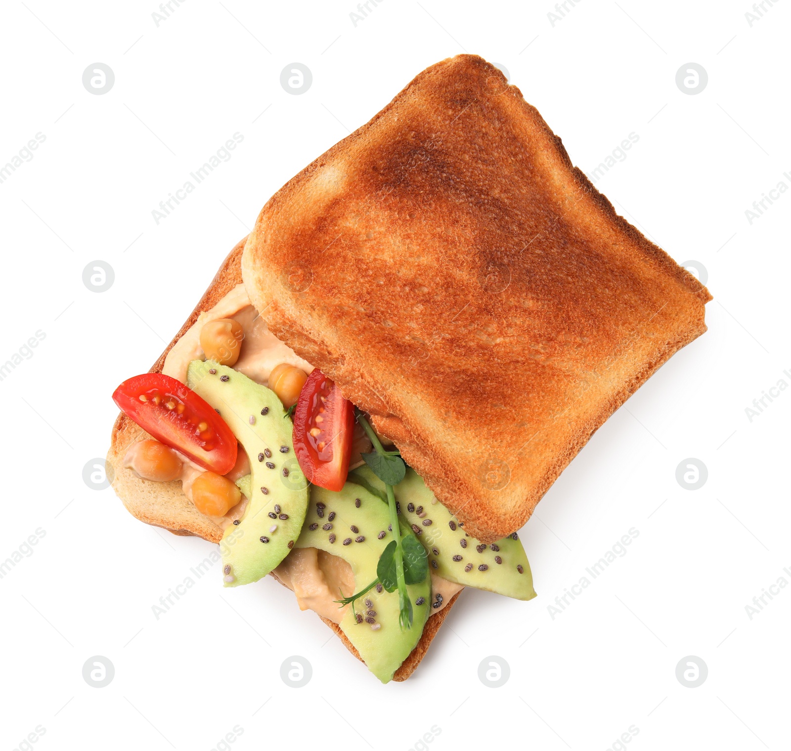 Photo of Delicious sandwich with hummus and vegetables isolated on white, top view