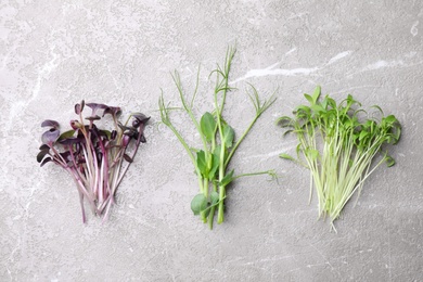 Photo of Different microgreens on light grey marble table, flat lay