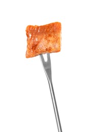 Fondue fork with piece of fried meat isolated on white